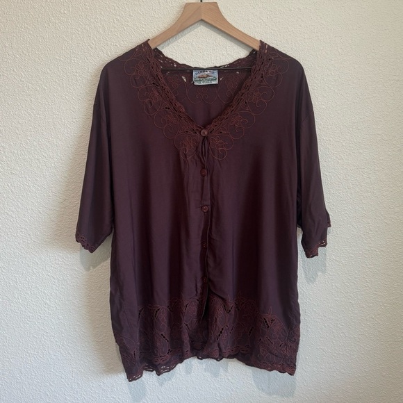 VTG Tienda Ho Womens Oversized Eyelet Purple Blouse Button up Lagenlook Boho - Picture 1 of 8